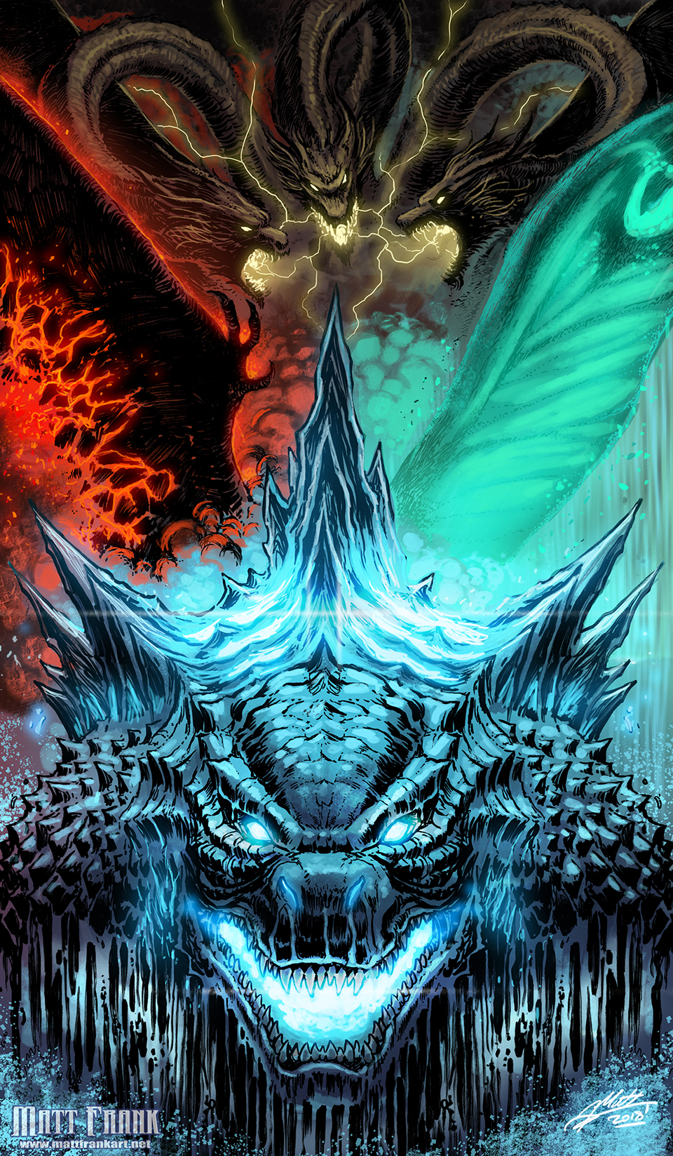 alien bioluminescence breath_weapon bug butterfly conjoined dinosaur dragon electricity elemental_(creature) embers energy epic fire fire_elemental glowing glowing_eyes glowing_mouth glowing_veins godzilla godzilla:_king_of_the_monsters godzilla_(monsterverse) godzilla_(series) highres hydra insect kaiju king_ghidorah king_ghidorah_(monsterverse) lava legendary_pictures matt_frank monsterverse moth mothra mothra_(monsterverse) mouth_beam multiple_heads no_humans pterosaur rodan rodan_(monsterverse) smoke spikes toho veins water wings