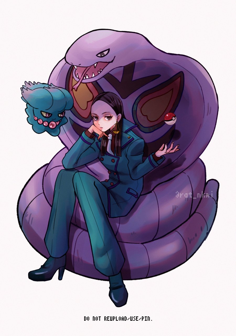 1girl ace_attorney ace_attorney_investigations ace_attorney_investigations:_miles_edgeworth arbok artist_name bead_necklace beads blue_pants blue_suit brown_hair calisto_yew cobra_(animal) colored_sclera commentary_request crossover floating formal_clothes full_body game_freak gen_1_pokemon gen_2_pokemon highres jewelry long_hair misdreavus necklace nintendo pants poke_ball poke_ball_(basic) pokemon pokemon_(creature) rat_nkmi red_eyes sharp_teeth simple_background sitting snake solo suit teeth tossing twitter_username white_background yellow_sclera