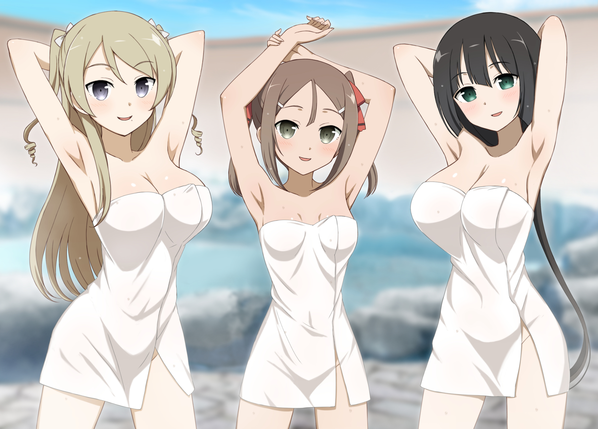 3girls armpits arms_up black_hair blonde_hair blush bow breasts brown_hair green_eyes grey_eyes hair_bow hair_ribbon highres kusunoki_mebuki_wa_yuusha_de_aru large_breasts long_hair looking_at_viewer low_ponytail miroku_yumiko miyoshi_karin mole mole_under_mouth multiple_girls naked_towel onsen ponytail red_ribbon ribbon small_breasts smile tougou_mimori towel twintails user_tmwx3385 very_long_hair white_bow yuuki_yuuna_wa_yuusha_de_aru yuusha_de_aru