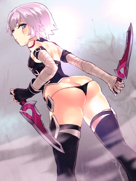 01rosso 1girl ass bad_id bad_pixiv_id bandages bare_back bare_shoulders black_thighhighs blade blue_eyes butt_crack dual_wielding fate/apocrypha fate/grand_order fate_(series) female_focus grey_eyes holding jack_the_ripper_(fate/apocrypha) looking_at_viewer scar silver_hair skindentation solo thighhighs thong