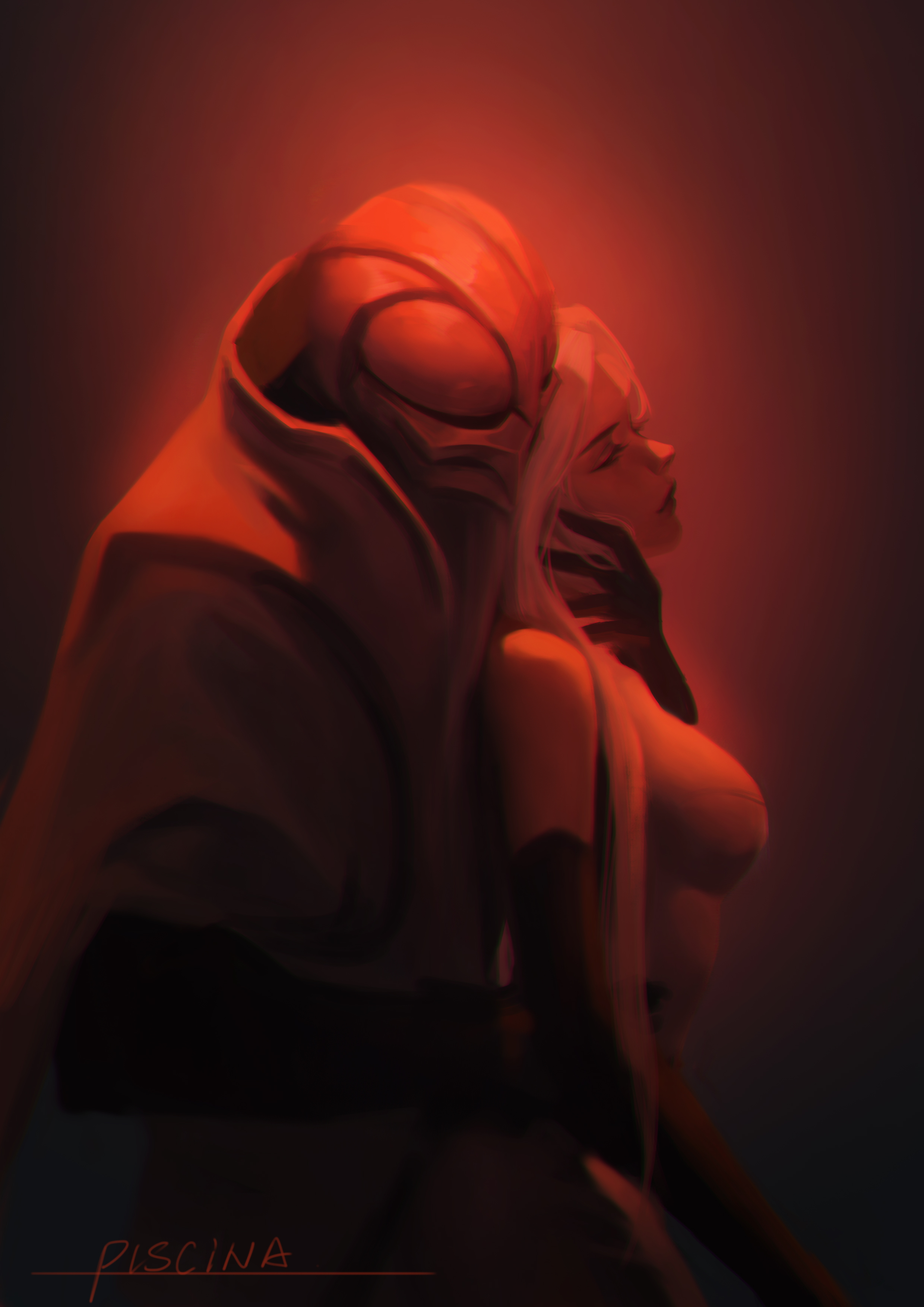 1boy 1girl absurdres artist_name black_gloves breasts cape closed_eyes elbow_gloves gloves hetero highres league_of_legends mask medium_breasts piscina red_theme syndra upper_body white_hair zed_(league_of_legends)