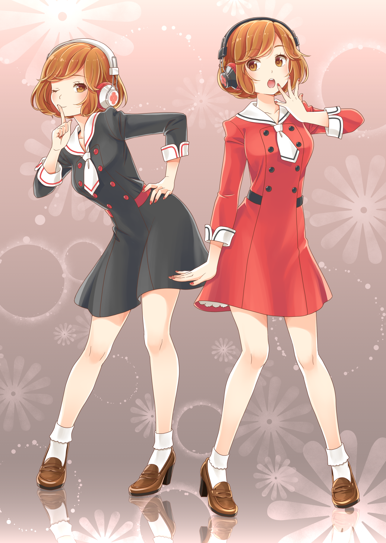2girls black_dress black_hairband brown_eyes brown_footwear brown_hair closed_mouth dress finger_to_mouth full_body hairband hand_on_own_hip highres index_finger_raised kirita_asami lens_flare loafers long_sleeves looking_at_viewer meiko_(vocaloid) multiple_girls nail_polish necktie one_eye_closed open_mouth red_dress red_nails sailor_collar sailor_dress sakine_meiko shoes short_dress short_hair short_necktie socks standing swept_bangs vocaloid white_hairband white_legwear white_neckwear white_sailor_collar