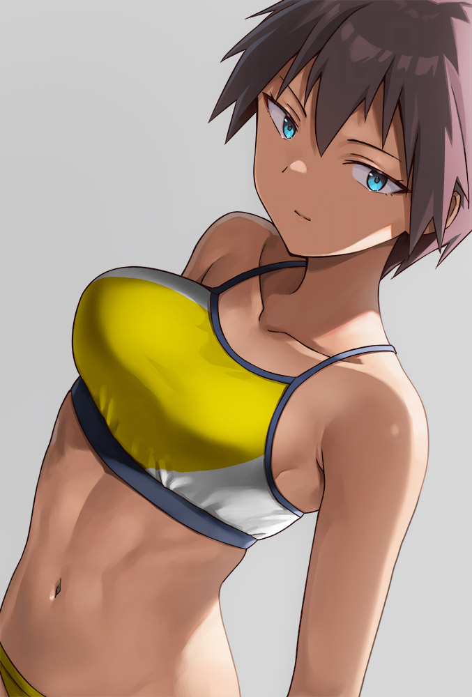 1girl akebi_ichika_(hashi) bikini blue_eyes breasts brown_hair closed_mouth collarbone commentary_request dark-skinned_female dark_skin dutch_angle hashi looking_at_viewer medium_breasts navel original short_bangs short_hair simple_background smile solo swimsuit tan tomboy