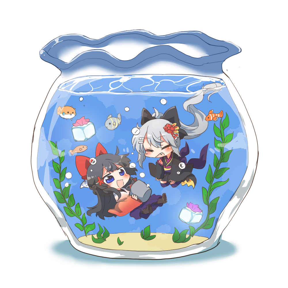 2girls ahoge animal black_bow black_footwear black_hair black_kimono black_skirt blue_eyes boots bow chibi fish fishbowl floating_hair grey_hair hair_bow hair_ornament hairclip hakama higuchi_kaede japanese_clothes kimono long_hair multiple_girls nijisanji pleated_skirt ponytail puffer_fish purple_hakama purple_thighhighs rebecca_(keinelove) shadow shoe_soles simple_background skirt thighhighs tsukino_mito underwater very_long_hair virtual_youtuber water white_background