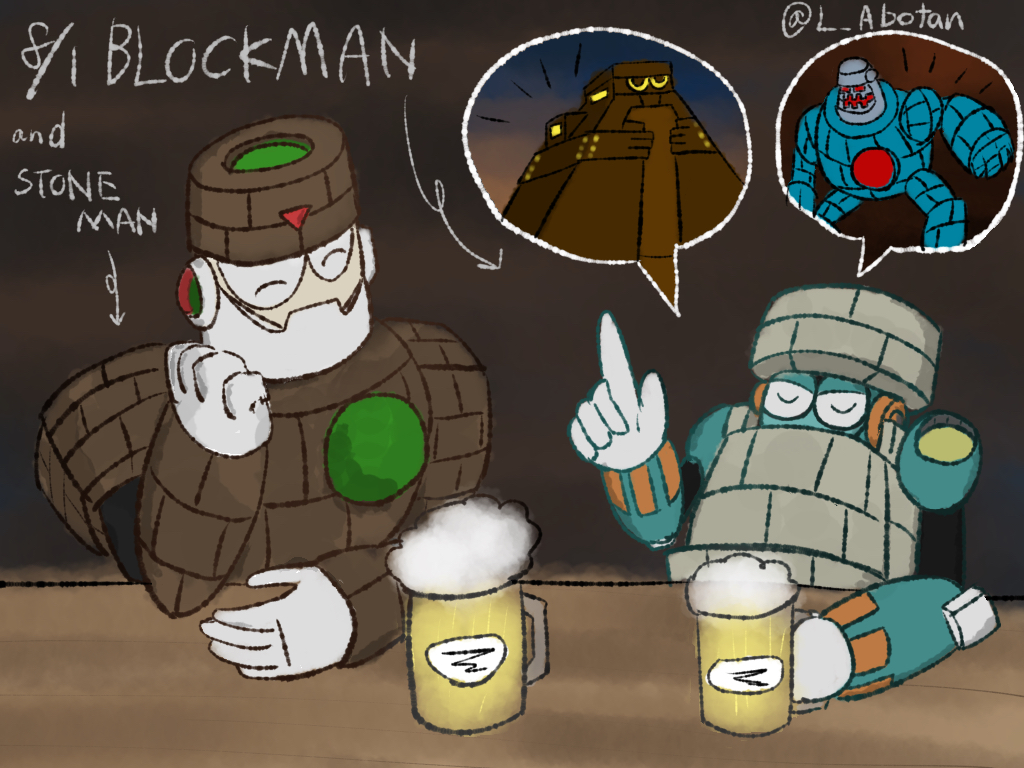 2boys alcohol beer block_man cup closed_eyes grin joints mug multiple_boys robot robot_ears robot_joints mega_man_(series) mega_man_(classic) mega_man_11 mega_man_5 sitting smile speech_bubble stone_man talking