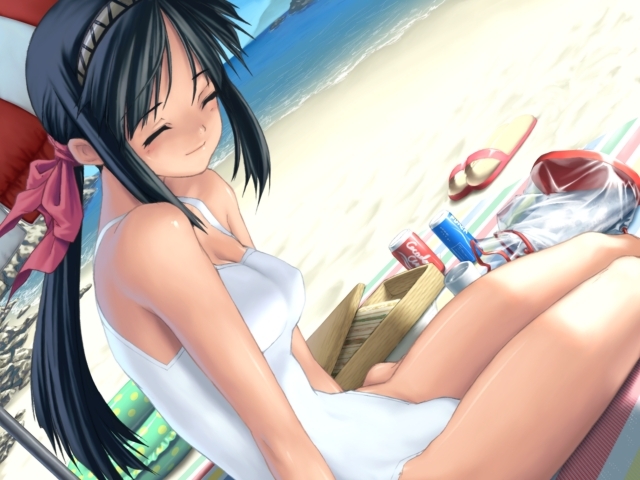 1girl beach beach_umbrella black_hair blanket breasts can casual_one-piece_swimsuit cleavage closed_eyes coca-cola day dutch_angle female_focus game_cg hair_ribbon hairband hunched_over innertube kawata_hisashi kuwashima_takako medium_breasts ocean one-piece_swimsuit outdoors pocari_sweat ponytail product_placement ribbon sandals sitting smile soda solo summer swim_ring swimsuit tasogare umbrella water white_one-piece_swimsuit yokozuwari