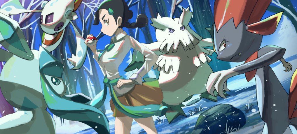 1girl abomasnow black_hair blue_sweater breasts candice_(pokemon) clothes_lift forest froslass gen_4_pokemon glaceon long_hair miniskirt multi-tied_hair nature nintendo poke_ball pokemon pokemon_(creature) pokemon_dppt rock rowdon skirt snow sweater sweater_lift weavile