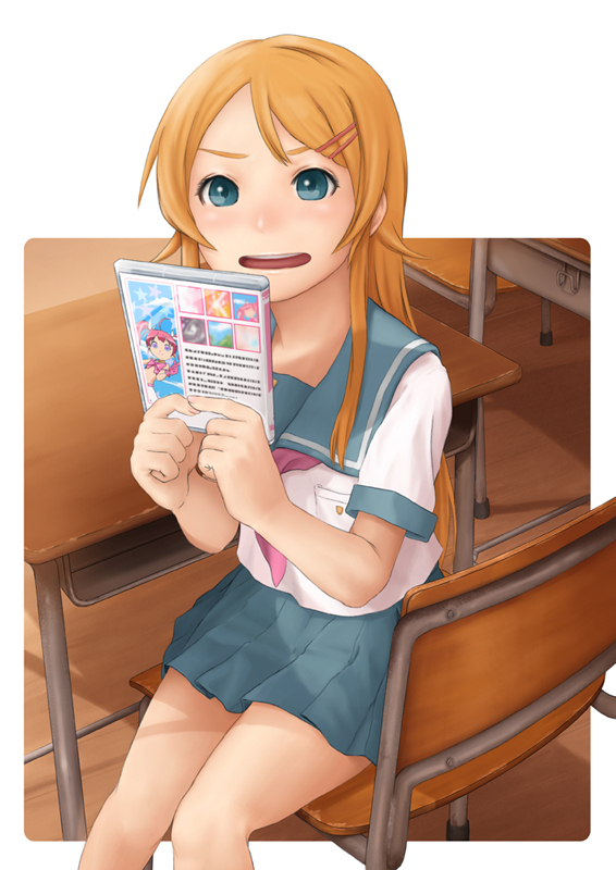 1girl bad_id bad_pixiv_id blue_eyes brown_hair desk female_focus hoshikuzu_witch_meruru kousaka_kirino long_hair meruru_(oreimo) ore_no_imouto_ga_konna_ni_kawaii_wake_ga_nai school_desk school_uniform serafuku solo ss39