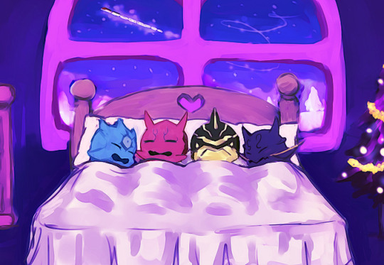 4boys bear bed christmas christmas_tree dead_source dragon heart kamen_rider kamen_rider_den-o_(series) kintaros male_focus momotaros monster monster_boy multiple_boys night night_sky oni ryutaros sky sleeping sleeping_together train turtle urataros