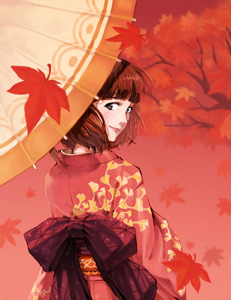 1girl autumn autumn_leaves blunt_bangs bow branch brown_hair female_focus floral_print ginkgo_leaf japanese_clothes kimono leaf light_smile looking_back maple_leaf mr.c_(bchana) oil-paper_umbrella original red_background red_bow red_theme short_hair solo tree umbrella