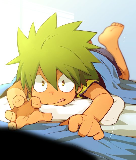 &gt;:p 10s 1boy :p barefoot bed_sheet green_hair kameyama_tokusa lying male_focus on_stomach outstretched_hand pillow sheet_grab solo tan tenkai_knights tongue tongue_out v-shaped_eyebrows yellow_eyes