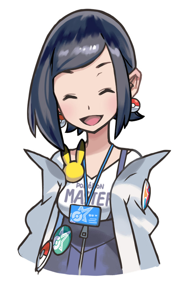 1girl badge black_hair blue_skirt blush body_blush breasts button_badge character_badge closed_eyes clothes_writing collarbone copyright_name earrings gen_1_pokemon gen_2_pokemon hair_behind_ear id_card jacket jewelry kana_(pokemon) medium_breasts nintendo off-shoulder_jacket off_shoulder official_art open_clothes open_jacket open_mouth pikachu poke_ball_earrings poke_ball_print poke_ball_symbol poke_ball_theme pokemon pokemon_(creature) pokemon_masters_ex porygon2 shirt skirt smile solo star_(symbol) star_print suspender_skirt suspenders tongue upper_body white_background white_jacket white_shirt zipper_pull_tab