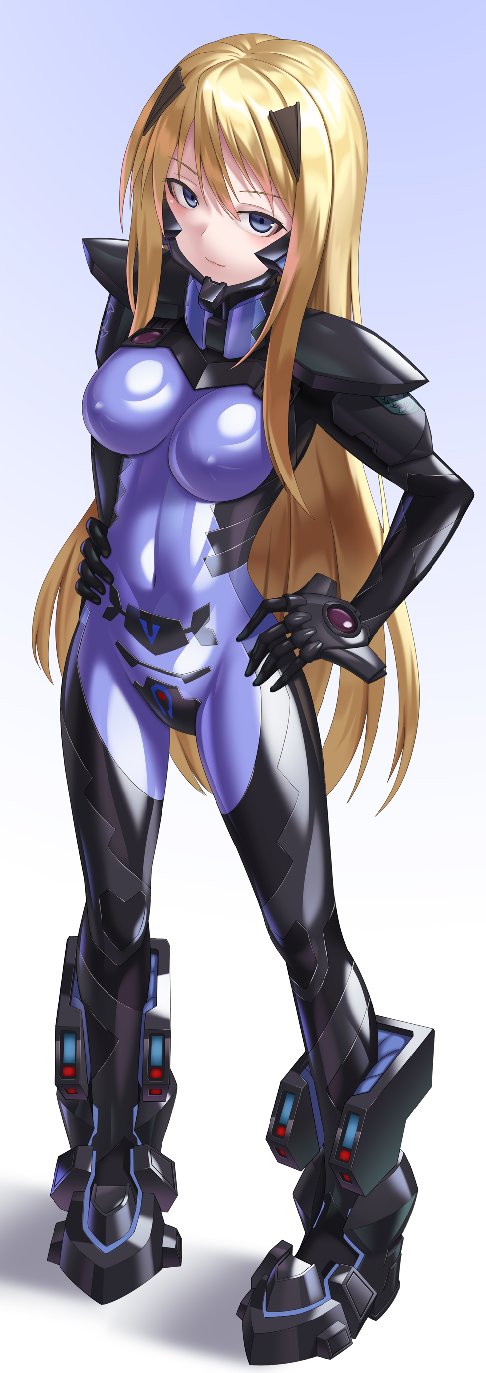 1girl absurdres armored_bodysuit baldr_sky black_bodysuit blonde_hair blue_background blue_eyes bodysuit breasts commentary_request covered_navel fortified_suit full_body gradient_background hands_on_own_hips headgear highres impossible_bodysuit impossible_clothes kirishima_rain kurione_(zassou) long_hair looking_at_viewer mecha_pilot_suit medium_breasts muv-luv muv-luv_alternative purple_bodysuit shiny_clothes solo standing two-tone_bodysuit very_long_hair white_background