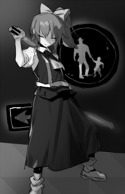 1girl boots bow closed_eyes closed_mouth collared_shirt commentary_request cookie_(touhou) daiyousei diyusi_(cookie) expressionless full_body gloves greyscale hair_bow high-visibility_clothing high-visibility_vest high_ponytail kebabu_01 monochrome offside:_diyusi one_way_sign pedestrians_only_sign ponytail puffy_short_sleeves puffy_sleeves road_sign shirt short_hair short_sleeves sign skirt socks solo standing touhou traffic_baton vest
