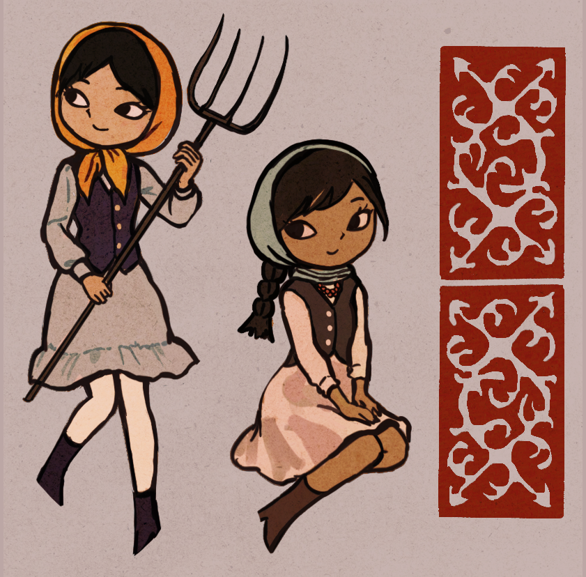 1960s_(style) 2girls black_eyes black_hair dark-skinned_female dark_skin dress full_body grey_background headscarf io_(onisarashi) kyrgyz_clothes kyrgyzstan looking_to_the_side midair multiple_girls oldschool orange_headscarf original pantyhose retro_artstyle sitting smile vest