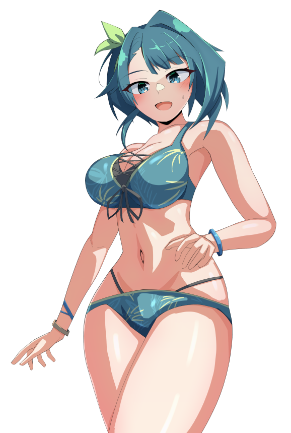 1girl aizawa_kazuha arm_at_side assault_lily asymmetrical_hair bare_arms bare_shoulders bikini blue_bikini blue_eyes blue_hair blush bracelet breasts cleavage commentary cowboy_shot cross-laced_bikini cross-laced_clothes cross-laced_top floral_print front-tie_bikini_top front-tie_top green_ribbon hair_ribbon halterneck hand_up ishitsuma_canon jewelry large_breasts looking_at_viewer medium_hair multi-strapped_bikini_bottom navel official_alternate_costume open_mouth print_bikini ribbon simple_background smile solo standing stomach sweatdrop swimsuit white_background