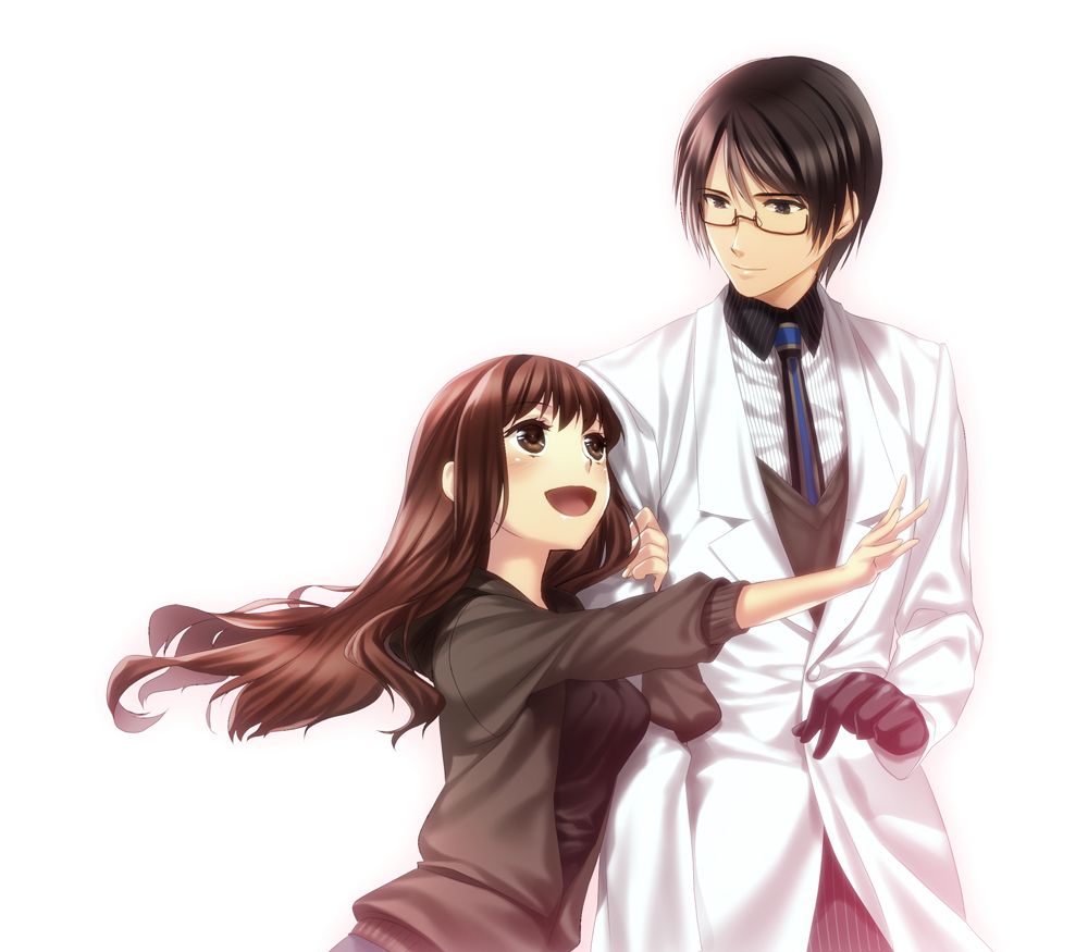 10s 1boy 1girl black_eyes black_hair brown_eyes brown_hair fate/extra fate/extra_ccc fate_(series) glasses kishinami_hakuno_(female) long_hair necktie pesu_(penpen) school_uniform twice_h_pieceman