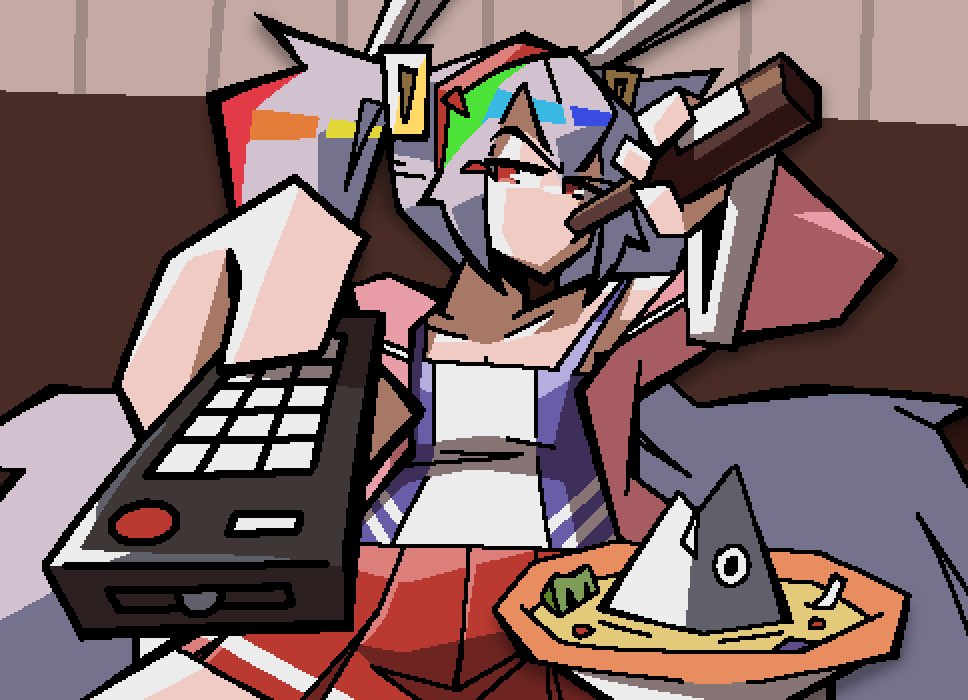 animal_ears azur_lane beer_bottle controller drinking fake_animal_ears food grey_hair holding holding_remote_control jacket laffey_(azur_lane) man_watching_tv_(meme) meme pie pink_jacket pixel_art rabbit_ears red_eyes red_skirt remote_control sirhoopsalot sitting skirt stargazy_pie twintails