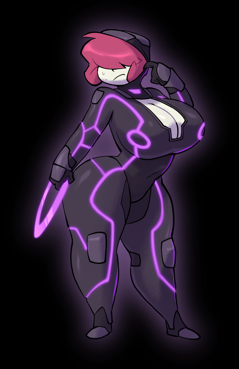 1girl adjusting_clothes bigdad black_background bodysuit breasts cleavage cleavage_cutout closed_mouth clothing_cutout covered_eyes curvy disc_(tron) full_body gazlene_membrane hair_over_eyes hand_up highres huge_breasts invader_zim pink_hair simple_background solo standing sweat thick_thighs thighs tron