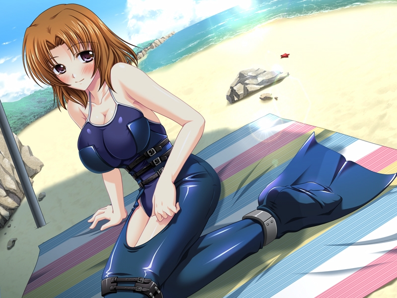 13cc 1girl beach blue_one-piece_swimsuit blush breasts brown_hair costume day female_focus game_cg huge_breasts love_bind mermaid_costume ocean one-piece_swimsuit purple_eyes sand shibasaki_nozomi short_hair sitting solo sun swimsuit towel water
