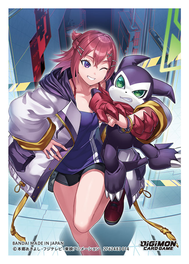 1boy 1girl black_shorts breasts camisole digimon digimon_(creature) digimon_card_game digimon_liberator fewer_digits gloves green_eyes hood hooded_jacket impmon jacket medium_breasts medium_hair official_art one_eye_closed open_clothes open_jacket pink_hair purple_camisole purple_eyes red_gloves shorts smile tonami_kanji white_jacket yuuki_(digimon)