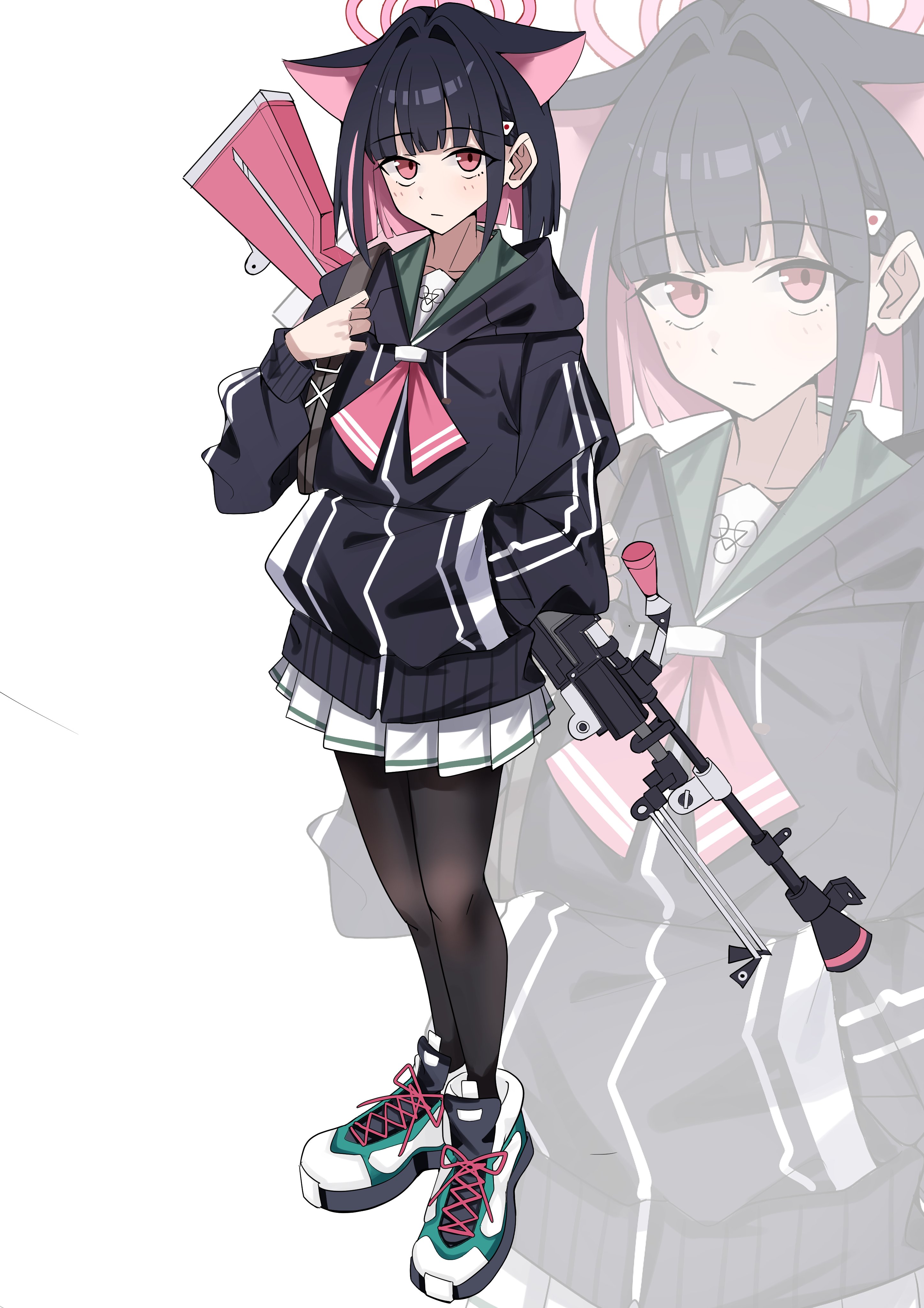 1girl absurdres animal_ears black_hair black_jacket black_pantyhose blue_archive blunt_bangs blush bob_cut bren_lmg cat_ears collarbone colored_inner_animal_ears colored_inner_hair drawstring full_body green_sailor_collar gun gun_on_back hair_intakes hair_ornament hairclip halo highres hood hood_down hooded_jacket jacket kazusa_(blue_archive) light_machine_gun looking_at_viewer machine_gun medium_hair multicolored_hair neckerchief oil_sob pantyhose pink_hair pink_halo pink_neckerchief pleated_skirt pout red_eyes sailor_collar school_emblem sidelocks skirt solo standing streaked_hair weapon weapon_on_back white_background white_footwear white_skirt zoom_layer