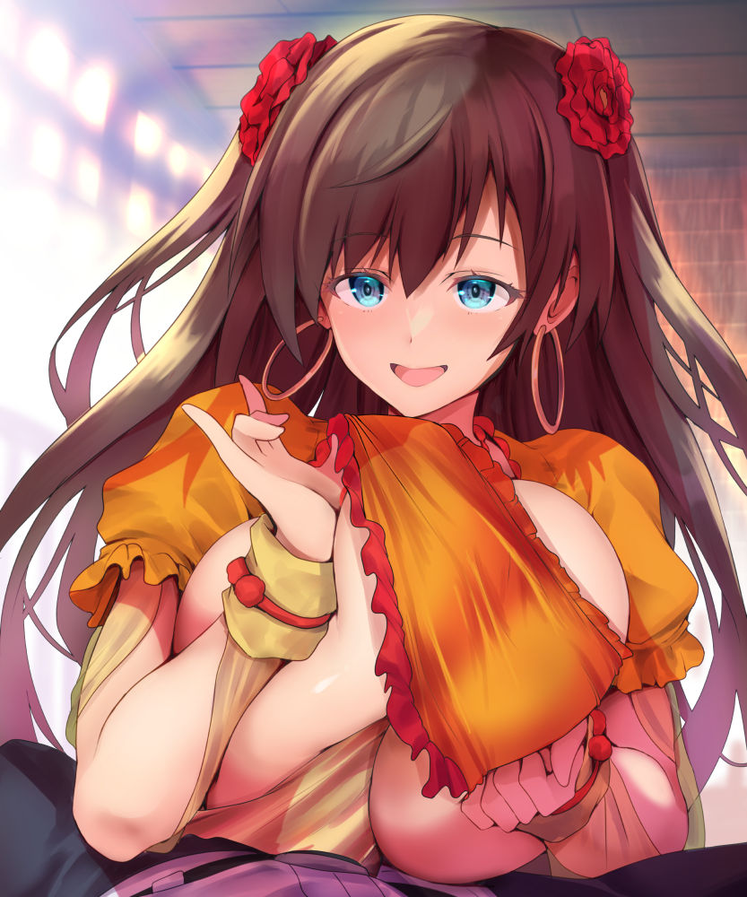 1boy 1girl asahi_(fullmetal_madness) blue_eyes blush breasts breasts_squeezed_together brown_hair earrings fate/grand_order fate_(series) flower hair_flower hair_ornament hetero hoop_earrings jewelry large_breasts long_hair looking_at_viewer mata_hari_(fate) open_mouth paizuri paizuri_under_clothes puffy_short_sleeves puffy_sleeves short_sleeves smile