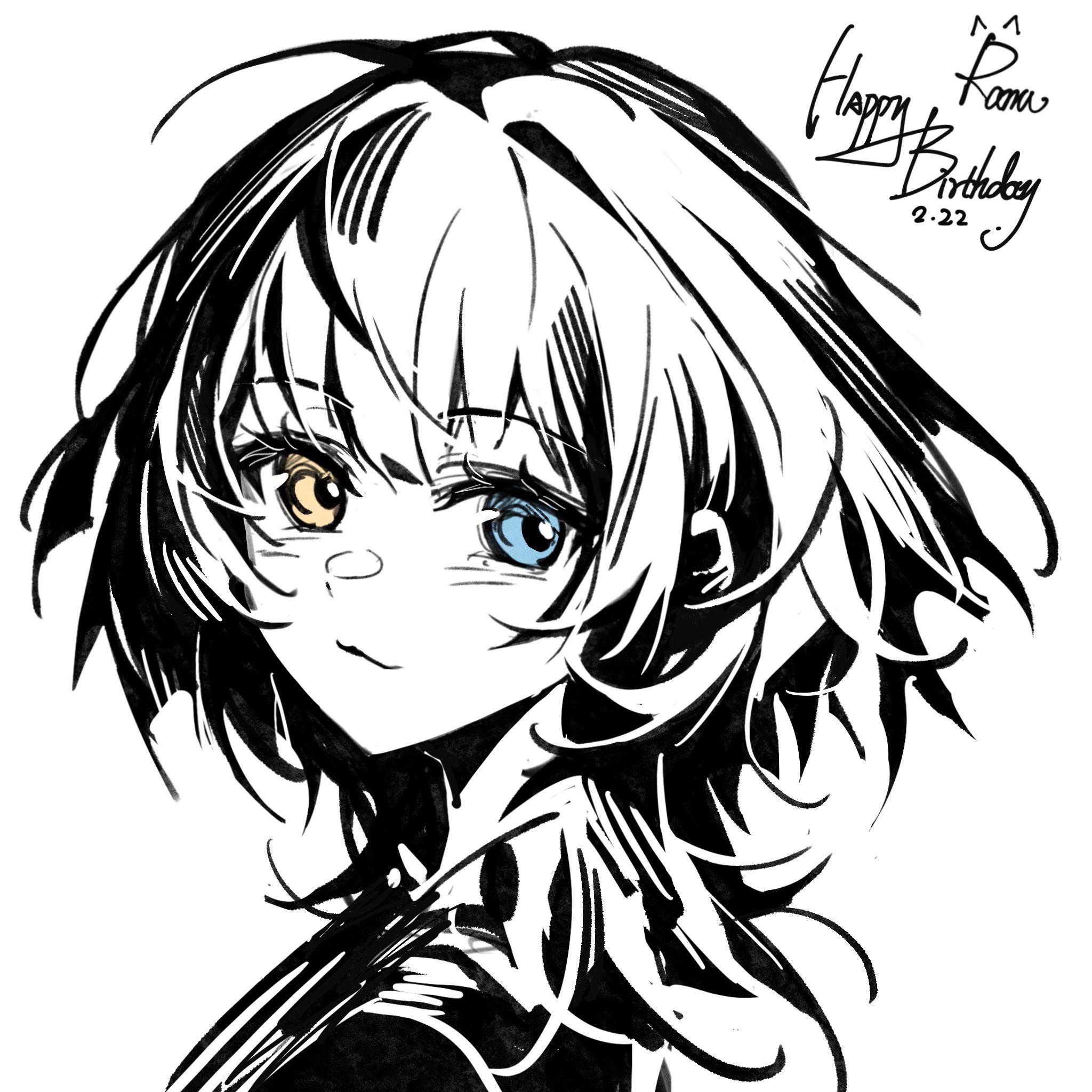 1girl :3 bang_dream! bang_dream!_it&#039;s_mygo!!!!! blue_eyes character_name commentary dated greyscale happy_birthday hashtag-only_commentary heterochromia highres kaname_raana looking_at_viewer monochrome raana_the_cat simple_background solo spot_color umie_(iowae) white_background yellow_eyes