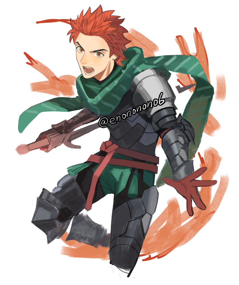 1boy armor armored_legwear brown_eyes commentary_request cropped_legs enononono6 fire_emblem fire_emblem:_three_houses fire_emblem_warriors:_three_hopes gloves green_scarf hair_slicked_back holding holding_weapon looking_to_the_side male_focus nintendo open_mouth outstretched_hand pauldrons red_gloves red_hair scarf shoulder_armor sideways_glance solo spiked_hair sylvain_jose_gautier teeth twitter_username v-shaped_eyebrows weapon white_background