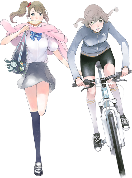 2girls aged_up amane_suzuha bag bicycle bike_shorts black_skirt blue_bow blue_jacket blush bow braid bread bread_slice breasts brown_hair chest_bow floating_hair food food_in_mouth full_body gero-froggy hair_tie jacket late_for_school loafers long_hair looking_at_viewer medium_breasts miniskirt mouth_hold multiple_girls official_art one_side_up open_mouth puffy_short_sleeves puffy_sleeves running school_bag school_uniform shiny_skin shirt shoes short_sleeves side_ponytail skirt small_breasts sneakers steins;gate steins;gate:_the_committee_of_antimatter teeth tennouji_nae toast toast_in_mouth tongue track_jacket transparent_background twin_braids upper_teeth_only white_shirt yoshida_tadasu zipper zipper_pull_tab