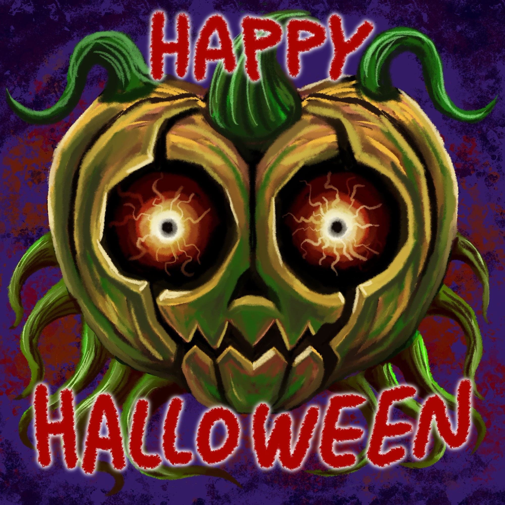 commentary glowing glowing_eyes happy_halloween highres imamura_takaya jack-o&#039;-lantern majora_(entity) nintendo plant purple_background solo the_legend_of_zelda the_legend_of_zelda:_majora&#039;s_mask vines