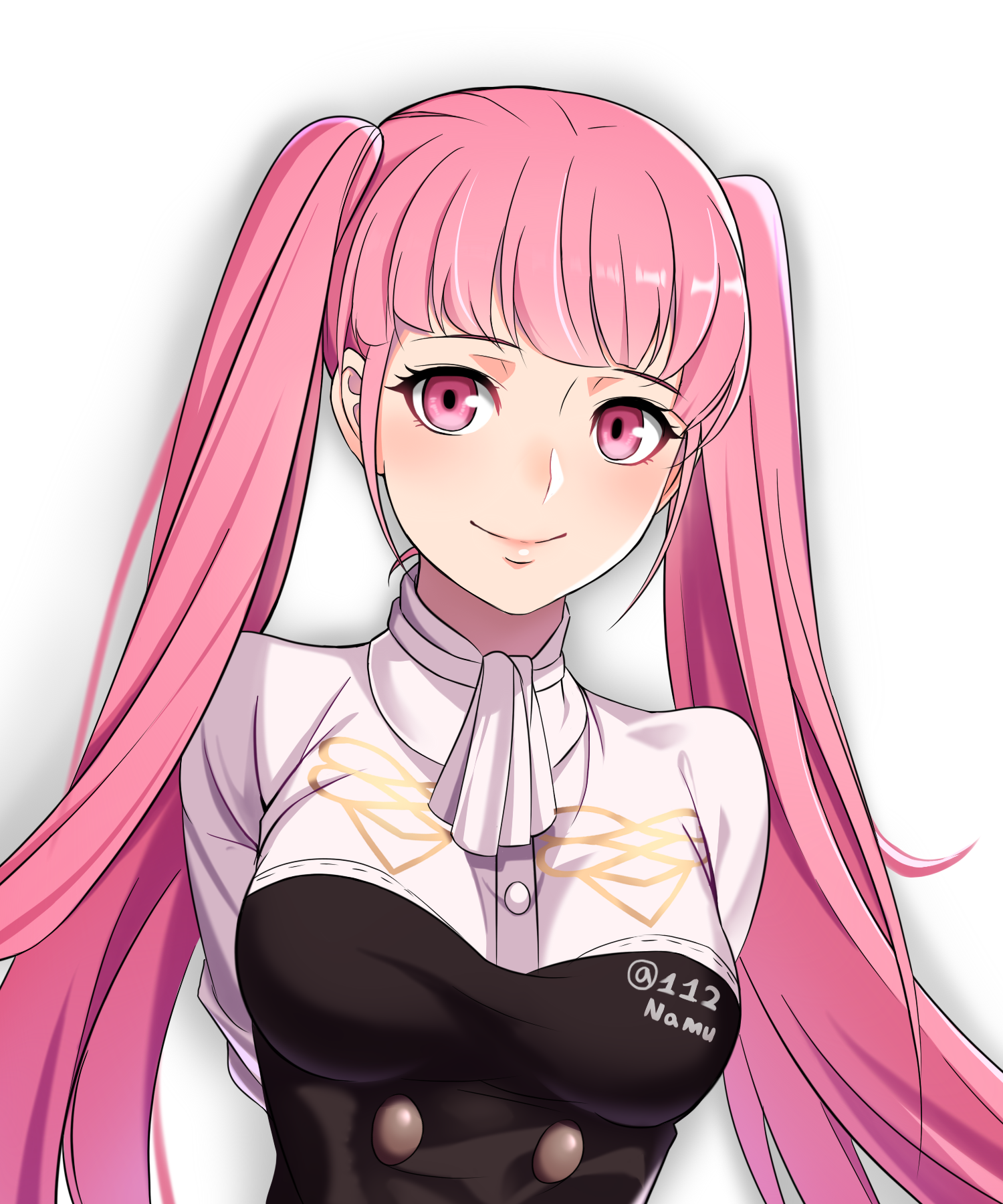 1girl arms_behind_back blush breasts closed_mouth commentary_request eyelashes fire_emblem fire_emblem:_three_houses garreg_mach_monastery_uniform highres hilda_valentine_goneril large_breasts long_hair namu_(112namu) nintendo pink_eyes pink_hair simple_background smile solo twintails upper_body white_background