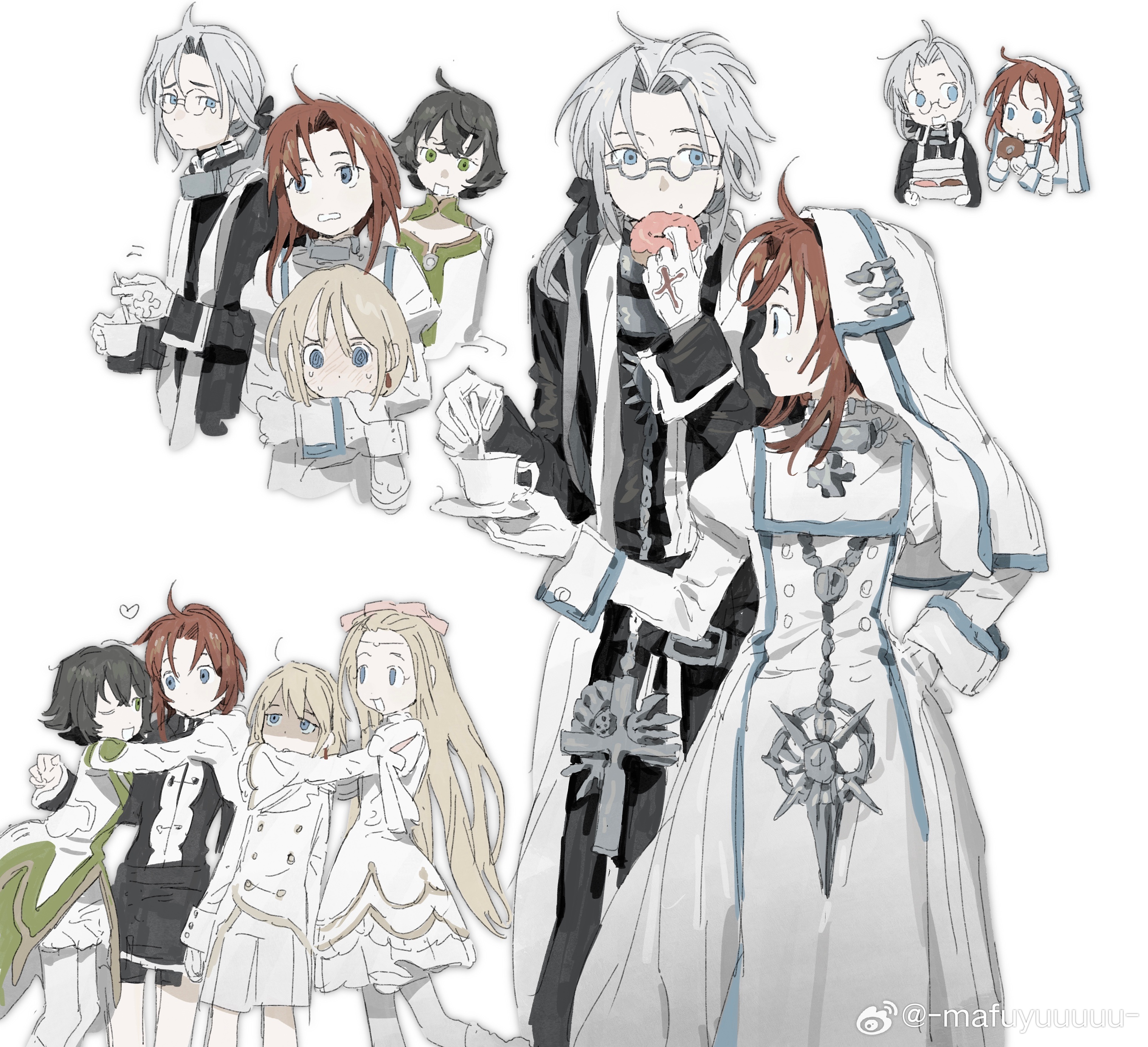 2boys 3girls abel_nightroad absurdres ahoge arms_around_neck belt belt_buckle black_belt black_bow black_hair black_robe blonde_hair bloomers blue_eyes blush bow box buckle buttons chinese_commentary closed_mouth coif commentary_request cross cross_necklace cross_print crumbs cup donut dress eating esther_blanchett eyelashes food glasses gloves green_eyes green_trim grey-framed_eyewear grey_hair hair_bow hair_over_shoulder heart height_difference highres holding holding_box holding_food holding_saucer holding_spoon hug hug_from_behind ion_fortuna jacket jewelry long_dress long_hair long_sleeves low_ponytail ma_fu miniskirt mirka_fortuna motion_lines multiple_boys multiple_girls multiple_views necklace nervous_sweating nun one_eye_closed open_mouth parted_bangs pink_bow pleated_skirt ponytail priest red_hair robe round_eyewear saucer seth_nightroad shaded_face short_hair_with_long_locks simple_background skirt sleeves_past_wrists smile spoon stirring sweat sweatdrop teacup teaspoon trinity_blood underwear very_long_hair vest white_background white_bloomers white_dress white_gloves white_jacket white_skirt white_vest wide-eyed
