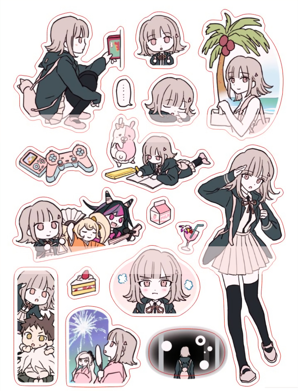 2boys 4girls :o beolgug black_jacket black_thighhighs blush brown_hair brown_skirt controller danganronpa_(series) danganronpa_2:_goodbye_despair dress_shirt flipped_hair full_body game_controller glass hair_horns highres hinata_hajime jacket komaeda_nagito long_sleeves medium_hair miniskirt mioda_ibuki monomi_(danganronpa) multicolored_hair multiple_boys multiple_girls nanami_chiaki neck_ribbon open_clothes open_jacket palm_tree pink_ribbon pink_shoes pleated_skirt pout ribbon saionji_hiyoko shirt shirt_tucked_in shoes skirt sonia_nevermind standing sticker thighhighs tree water white_background white_shirt zettai_ryouiki