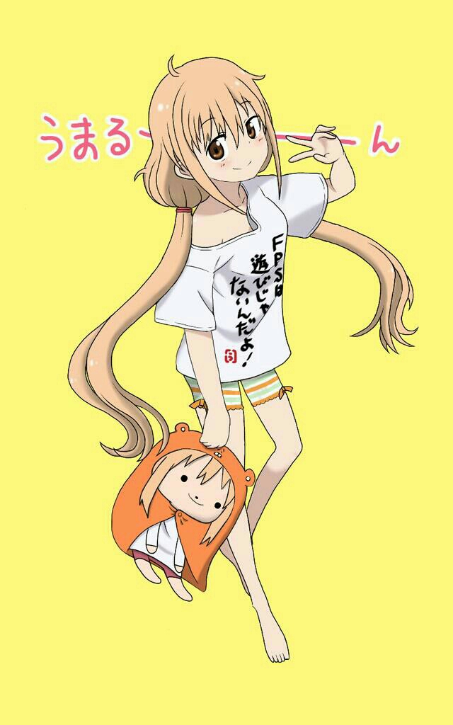 1girl ahoge bare_legs barefoot bike_shorts blonde_hair blush breasts brown_eyes closed_mouth clothes_writing collarbone commentary_request cosplay doma_umaru female_focus futaba_anzu futaba_anzu_(cosplay) hair_between_eyes hair_tie hamster_hood himouto!_umaru-chan holding idolmaster idolmaster_cinderella_girls komaru_(himouto!_umaru-chan) long_hair looking_at_viewer low_twintails nekonopapa oversized_clothes shirt short_sleeves sidelocks simple_background small_breasts smile solid_circle_eyes solo striped_bike_shorts striped_clothes stuffed_toy t-shirt twintails v very_long_hair yellow_background