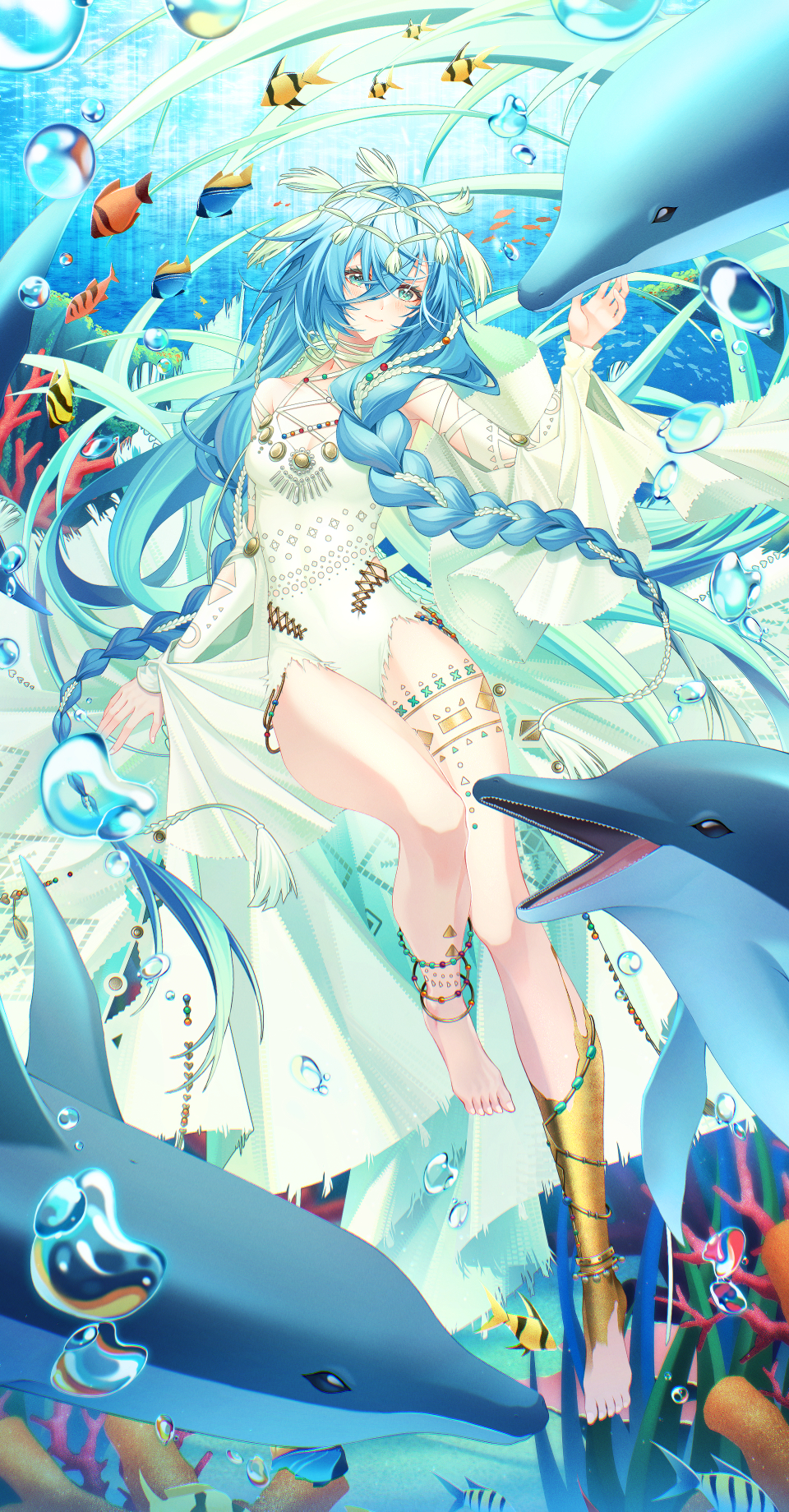 1girl 37_(down_in_the_grotto)_(reverse:1999) 37_(reverse:1999) air_bubble anklet bare_shoulders barefoot blue_eyes blue_hair braid breasts bubble cape cleavage closed_mouth coral detached_sleeves dolphin fish full_body hair_between_eyes hair_ornament hand_up highres hip_vent jewelry leg_tattoo leg_up long_hair looking_at_viewer medium_breasts official_alternate_costume one-piece_swimsuit reverse:1999 school_of_fish sieka_(piiroinardesco) smile solo swimsuit tattoo twin_braids underwater very_long_hair white_cape white_one-piece_swimsuit white_sleeves