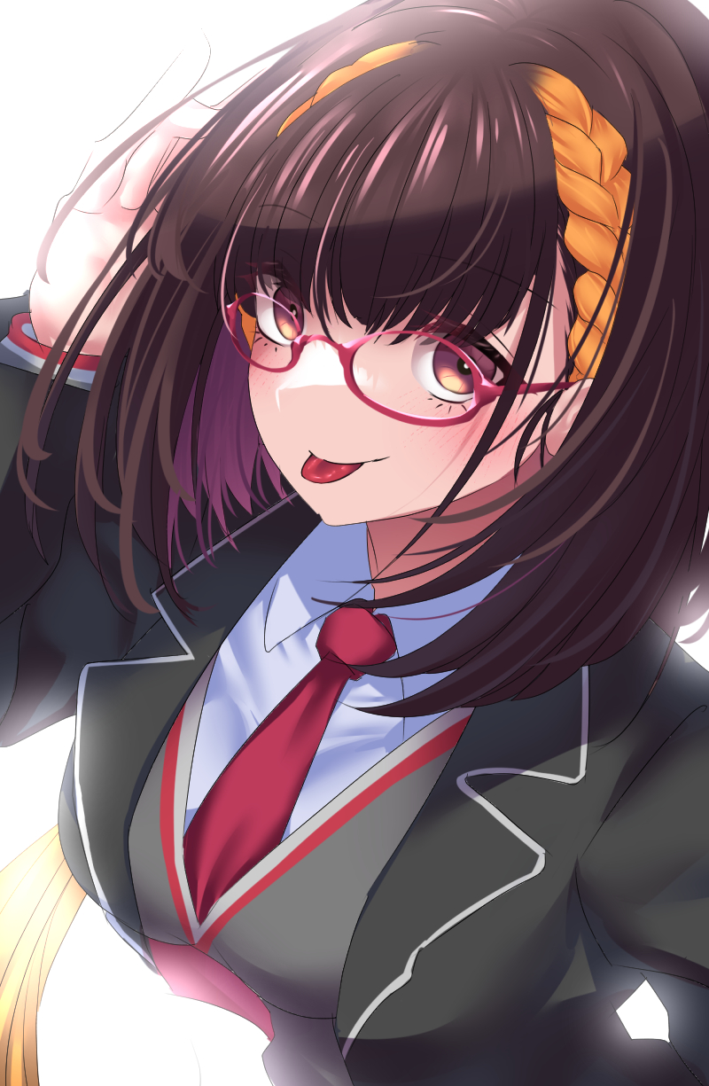 1girl black_jacket blonde_hair blush braid breasts brown_eyes brown_hair fate/grand_order fate_(series) glasses highres jacket large_breasts long_hair long_sleeves looking_at_viewer multicolored_hair necktie osakabehime_(fate) school_uniform smile solo tongue tongue_out two-tone_hair yakuoyoso