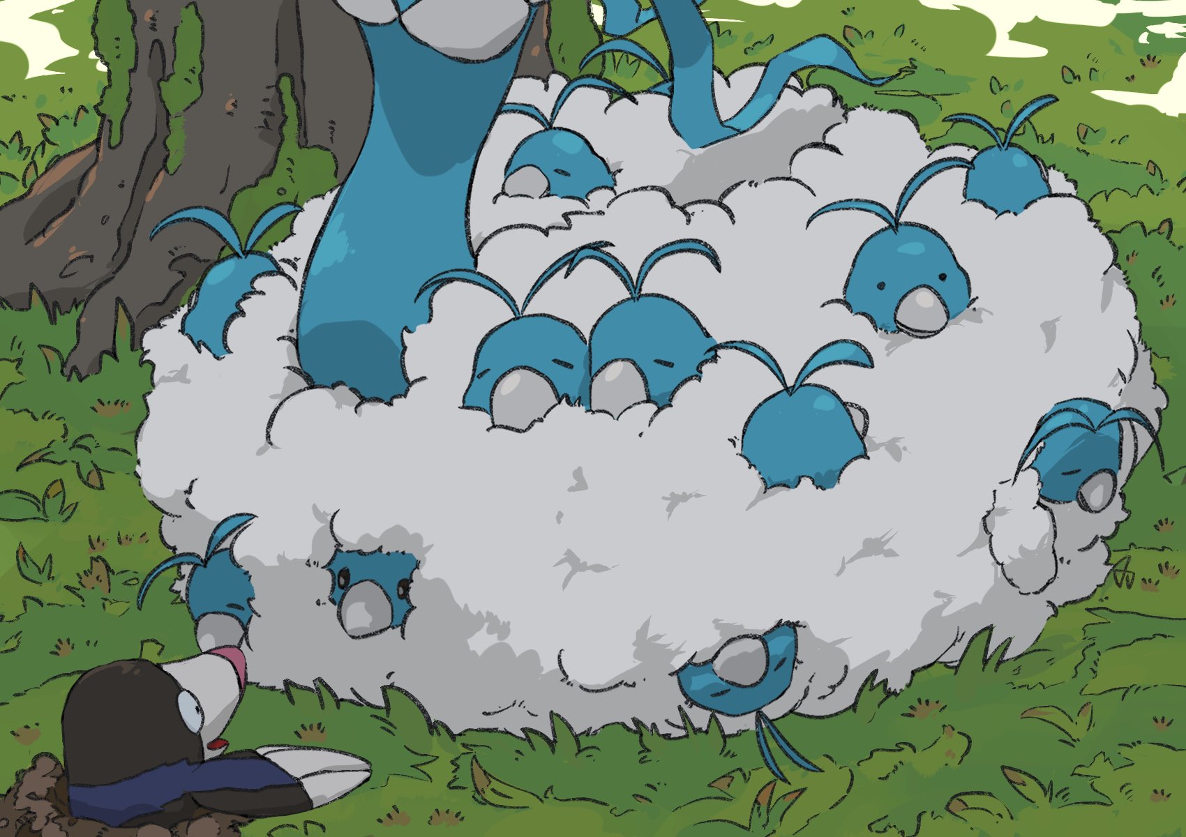 altaria animal_focus aomon_(yuuji7604) bird claws closed_eyes commentary drilbur fluffy gen_3_pokemon gen_5_pokemon highres mole nintendo no_humans on_grass open_mouth outdoors pokemon pokemon_(creature) sleeping smile snout solid_circle_eyes swablu tree