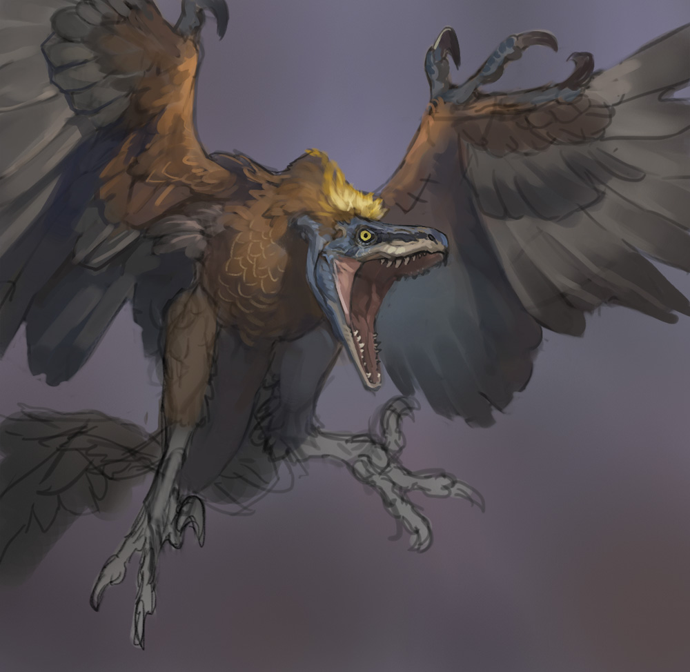 animal_focus brown_background dinosaur feathered_wings looking_at_viewer nablange no_humans open_mouth original raptor sharp_teeth sketch solo tail talons teeth wings yellow_eyes