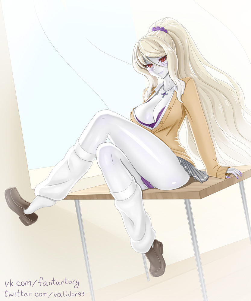 1girl arm_support blonde_hair blush bra breasts brown_footwear buttons cameltoe classroom cleavage closed_mouth commentary commission cross cross_necklace crossed_legs full_body grey_skirt hair_between_eyes hair_ornament hair_scrunchie jewelry large_breasts leg_warmers legs long_hair long_sleeves looking_at_viewer monster_girl_encyclopedia monster_girl_encyclopedia_ii nail_polish necklace pale_skin panties partially_unbuttoned pleated_skirt ponytail purple_bra purple_nails purple_panties purple_scrunchie red_eyes school_uniform scrunchie shoe_dangle sidelocks sitting skirt sleeves_past_wrists smile solo thighs twitter_username undead underwear valldor very_long_hair vkontakte_username wight_(monster_girl_encyclopedia)
