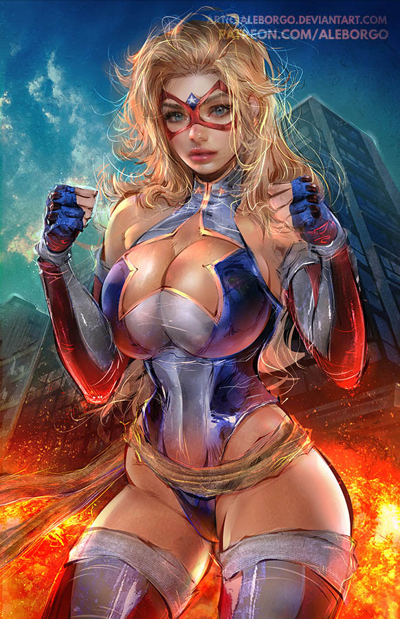 1girl ahoge ale_borgobello american_flag american_flag_print blonde_hair blue_eyes boots breasts building city cityscape cleavage clothing_cutout domino_mask earrings elbow_gloves eye_mask fingerless_gloves flag_print gloves gold_bow jewelry kamen_america kamen_america_(comic) large_breasts leotard long_hair looking_at_viewer mask official_art patriotism scenery sky skyscraper smile solo star_(symbol) star_cutout star_earrings striped_clothes striped_footwear superhero_costume vertical-striped_footwear