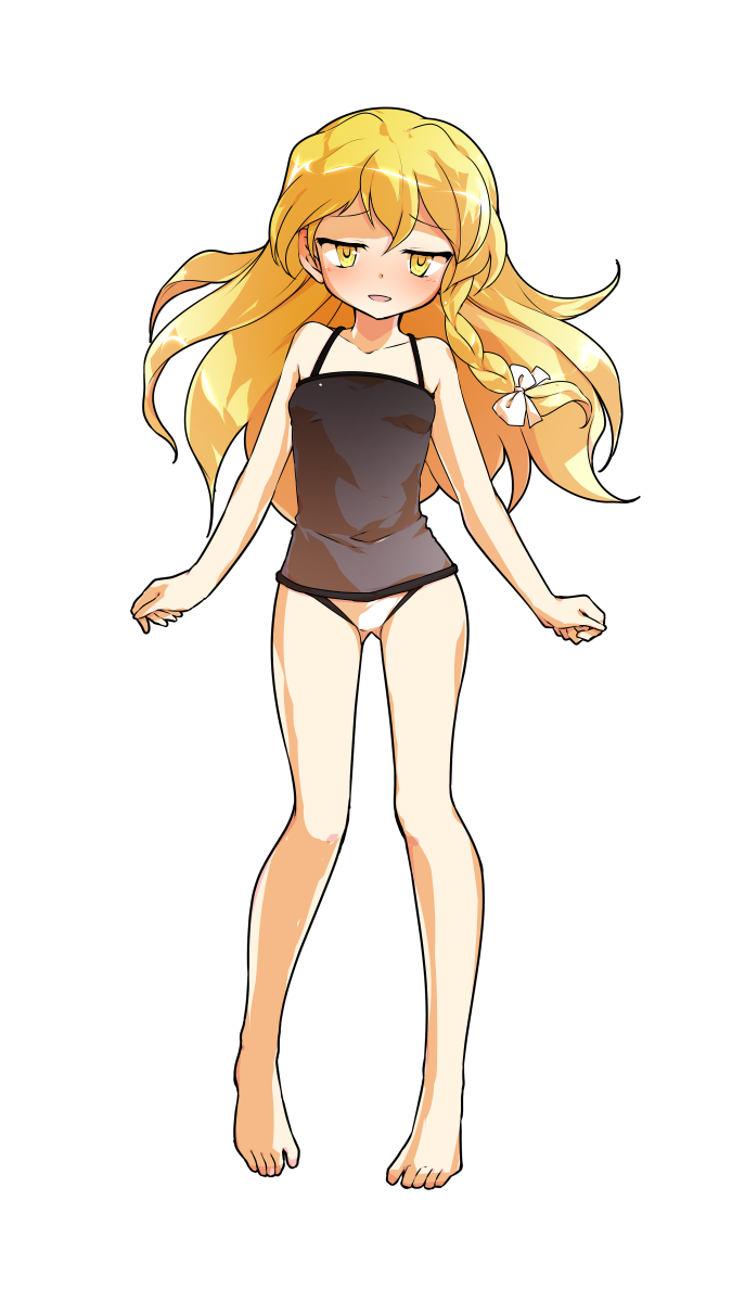 1girl alphes_(style) bare_arms bare_legs bare_shoulders barefoot black_one-piece_swimsuit blonde_hair blush braid breasts casual_one-piece_swimsuit collarbone commentary_request dairi full_body gluteal_fold hair_between_eyes highres kirisame_marisa looking_at_viewer one-piece_swimsuit open_mouth parody side_braid silent_sinner_in_blue single_braid small_breasts smile solo standing straight-on style_parody swimsuit tachi-e touhou touhou_bougetsushou transparent_background yellow_eyes