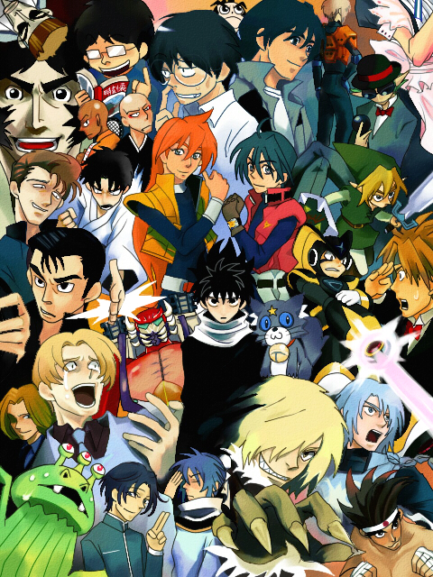 00s 1990s_(style) 6+boys bass_(mega_man) beast_wars black_hair bleach blonde_hair blue_hair brown_hair capcom character_request copyright_request crossover fatal_fury forte gaogaigar gasaraki genshiken girinma gouwa_yuushirou gundam gundam_08th_ms_team gundam_seed hachimaki headband hiei hiyama_nobuyuki jackal_kuwahara joe_higashi ka-kun keroro_gunsou kogoro_(keroro_gunsou) link long_hair madarame_harunobu madarame_ikkaku male_focus mega_man_(classic) mega_man_(series) moetan multiple_boys muruta_azrael nintendo open_mouth precure rampage retro_artstyle senpuuji_maito shiro_amada shishiou_gai short_hair snk spiked_hair tales_of_(series) tales_of_rebirth tengen_toppa_gurren_lagann tennis_no_ouji-sama the_king_of_fighters the_legend_of_zelda transformers veigue_lungberg viral_(ttgl) voice_actor voice_actor_connection yes!_precure_5 yuu_yuu_hakusho yuusha_ou_gaogaigar yuusha_series yuusha_tokkyuu_might_gaine