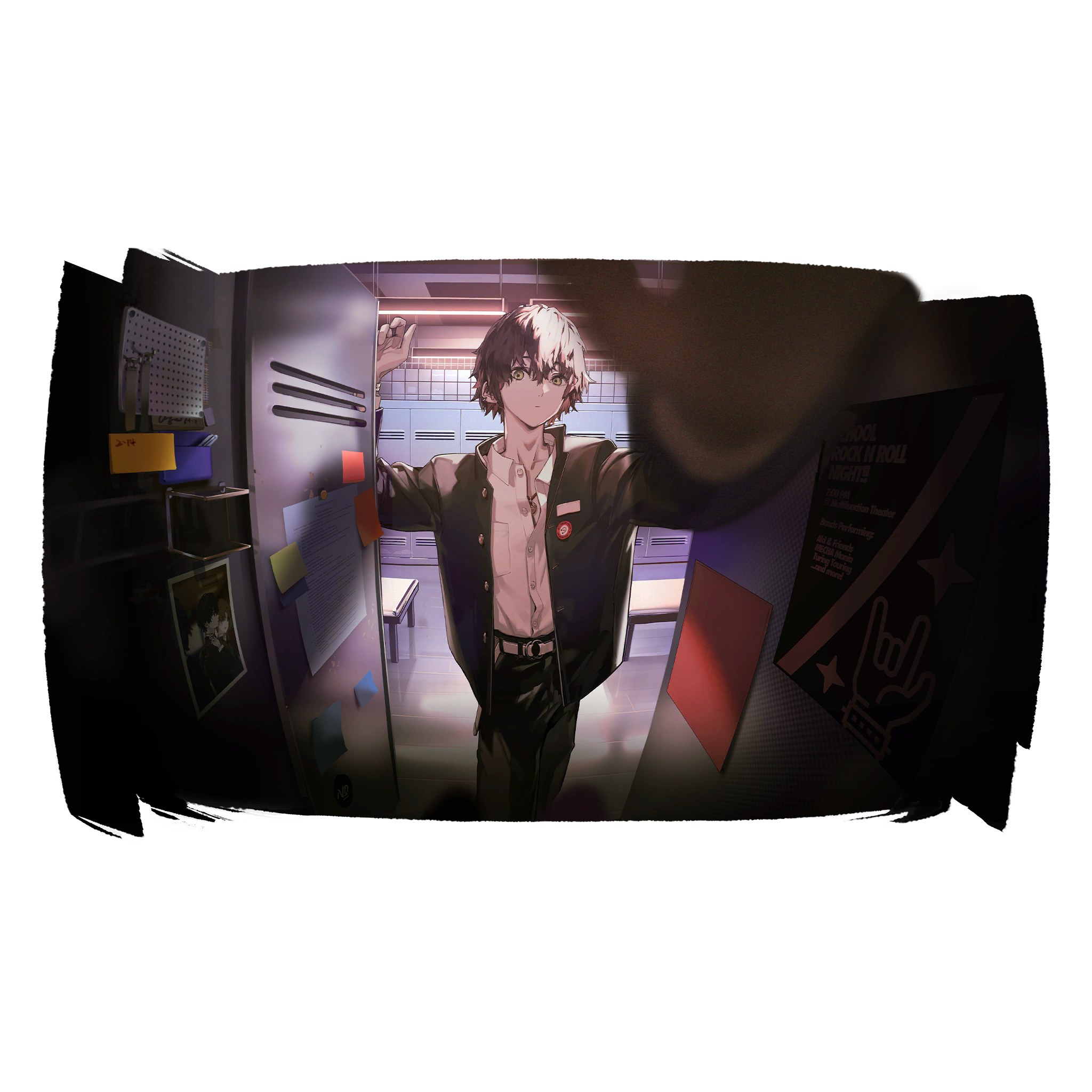 1boy artist_request belt bench black_hair black_jacket black_pants blurry blurry_foreground check_artist cowboy_shot game_cg girls'_frontline girls'_frontline_neural_cloud highres indoors jacket lin+ locker locker_room looking_at_viewer official_art open_clothes open_jacket pants partially_unbuttoned shirt solo sticky_note sueyoi_(neural_cloud) third-party_source white_belt white_shirt