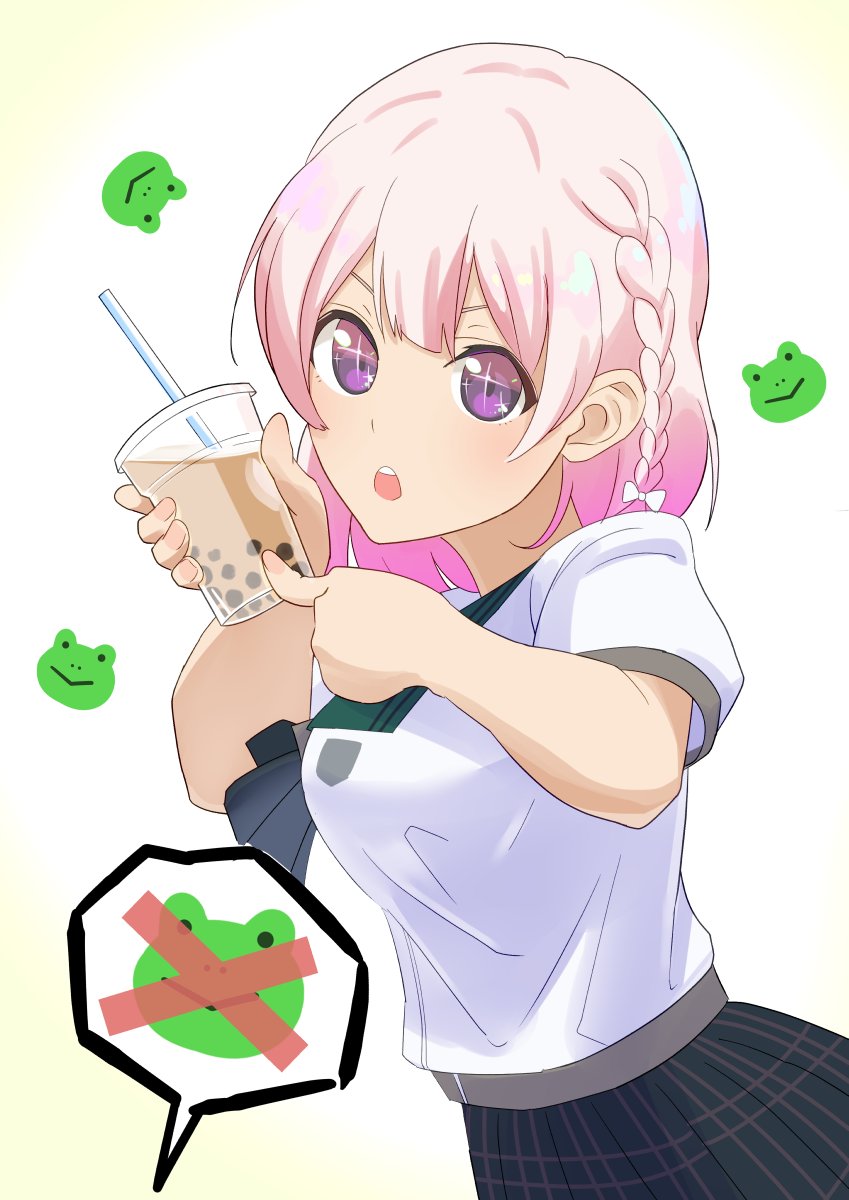 1girl 22/7 22/7_ongaku_no_jikan black_bow black_bowtie black_skirt bow bowtie braid cowboy_shot cup disposable_cup drinking_straw frog furumoto green_sailor_collar highres holding holding_cup looking_at_viewer medium_hair open_mouth pink_hair plaid_clothes plaid_skirt pleated_skirt purple_eyes rokubanchou_school_uniform sailor_collar school_emblem school_uniform serafuku short_sleeves side_braid single_braid skirt solo speech_bubble summer_uniform white_serafuku yashiro_hikari