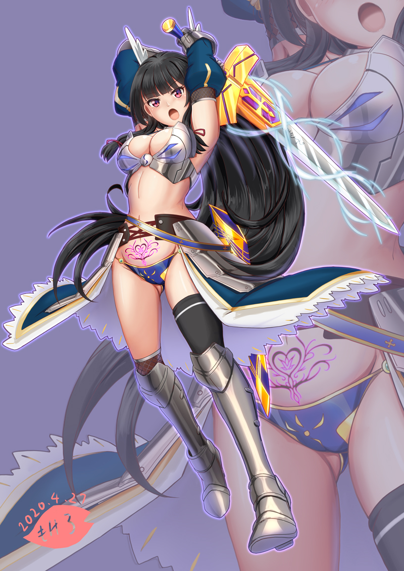 1girl adapted_costume armor artoria_pendragon_(fate) bikini_armor black_hair blue_background bodysuit cosplay excalibur_(fate/stay_night) excalibur_(mythology) full_body heart heart_tattoo isokaze_(kancolle) kantai_collection kawasumi_ayako long_hair moke_ro pubic_tattoo red_eyes saber_(fate) solo tattoo voice_actor_connection
