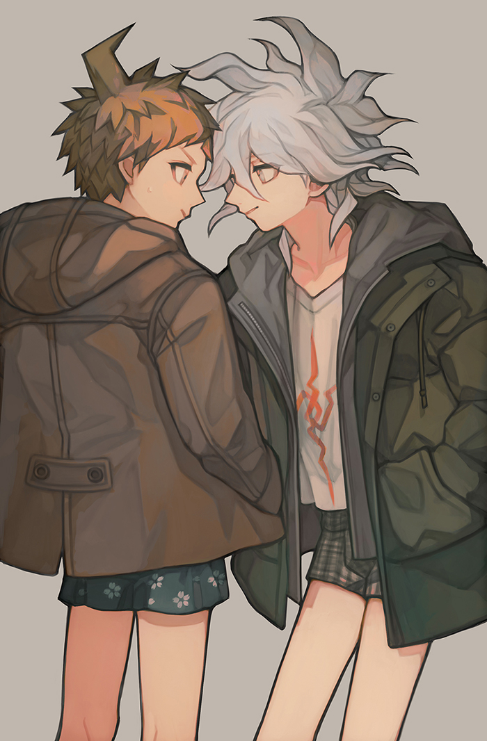 2boys ahoge blue_male_underwear brown_hair brown_jacket brown_male_underwear danganronpa_(series) danganronpa_2:_goodbye_despair eye_contact green_jacket grey_hair hair_between_eyes hand_in_pocket hinata_hajime hood hood_down jacket komaeda_nagito looking_at_another male_focus male_underwear medium_hair multiple_boys munya_(pic) no_pants open_clothes open_jacket parted_lips plaid_clothes plaid_male_underwear print_shirt profile shirt simple_background teeth underwear