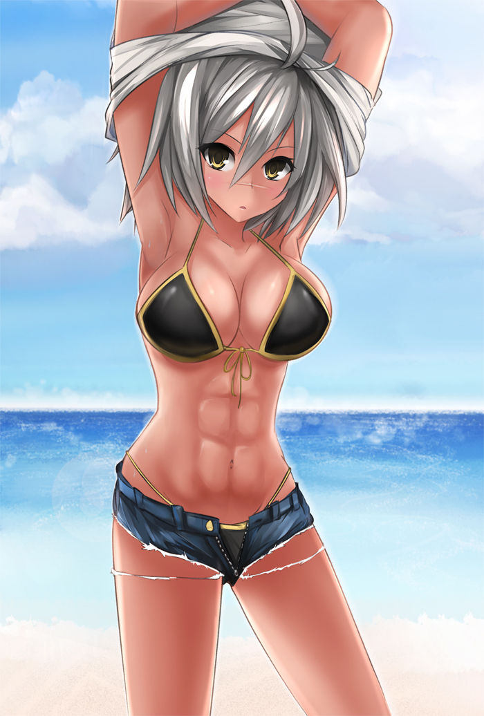 1girl abs armpits art_is_de4d beach bikini blazblue blazblue:_chronophantasma breasts bullet_(blazblue) female_focus large_breasts muscular scar short_shorts shorts solo swimsuit undressing white_hair yellow_eyes