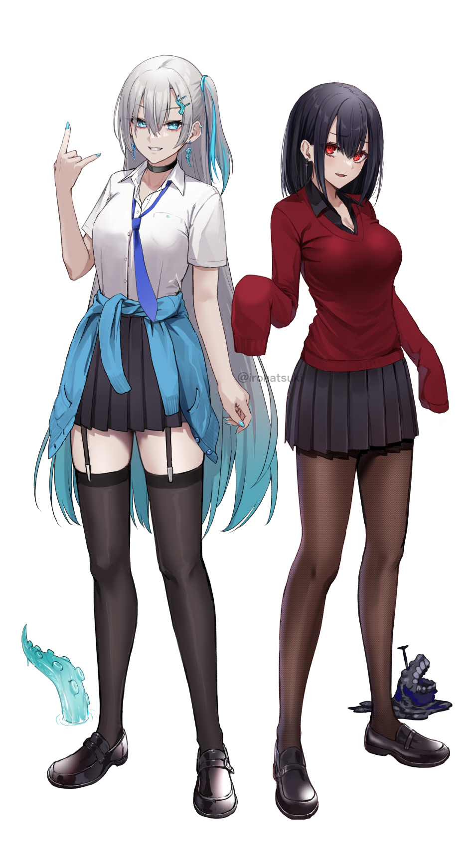 2girls arm_up black_hair black_thighhighs blue_hair breasts clothes_around_waist eyebrows_hidden_by_hair green_eyes grey_hair hair_between_eyes highres ironatsuki large_breasts long_hair looking_at_viewer multicolored_hair multiple_girls nail_(hardware) nail_polish necktie open_mouth original pantyhose red_eyes school_uniform shirt short_hair simple_background skirt smile standing sweater thighhighs white_background