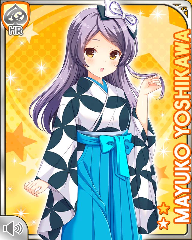 1girl :o blue_skirt bow card character_name cosplay girlfriend_(kari) grey_hair hair_bow holding holding_own_hair japanese_clothes kimono kimono_skirt long_hair official_art open_mouth patterned_clothing qp:flapper skirt solo tagme taishou_era white_bow white_kimono yellow_background yellow_eyes yoshikawa_mayuko